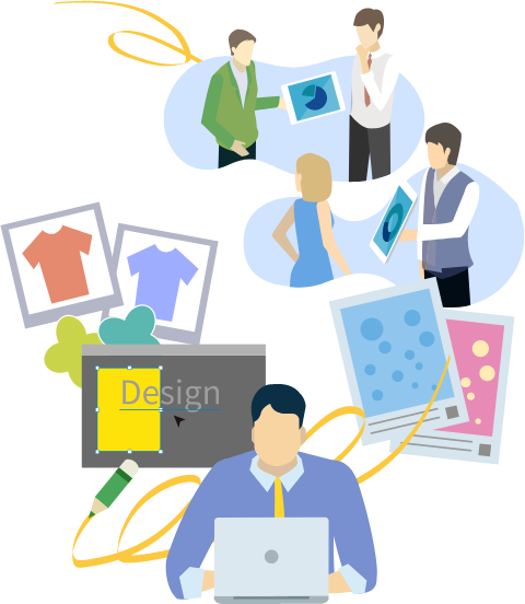 PCを持つ人のクリエイティブなイメージが広がるイラスト